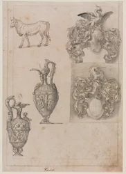Dessin pour deux vases, deux armoiries et un taureau (recto)