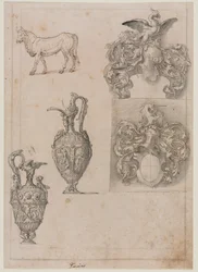 Conception pour deux vases, deux armoiries et un taureau recto, milieu des années 1500