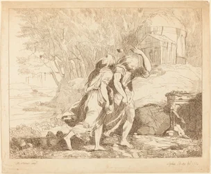 Deux figures fuyant (Atalante et Hippomène ?)