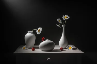Marguerites, vases et cerises