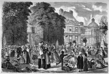Vue du Jardin du Luxembourg à Paris. Gravure d