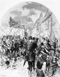 Émeutes en Irlande - Un prêtre catholique arrêté par la police à Mullingar est sauvé par le peuple, de Le Monde Illustré, 25 juin 1881