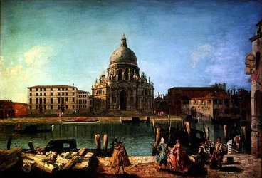 S. Maria della Salute depuis le Rio de San Moise, Venise, avec des gentilshommes et gondoliers au premier plan