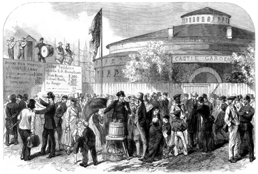 Enrôlement des émigrants irlandais et allemands sur la Battery, New York, USA