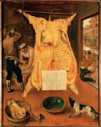 Les bœufs chez le boucher (peinture sur bois de chêne)