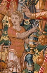 Musée diocésain. Tapisserie flamande. Bruxelles. Atelier François Geubels. Série Histoire de Gédéon. Les Israélites remettent à Gédéon leur part du butin. Soie et laine. Legs de l