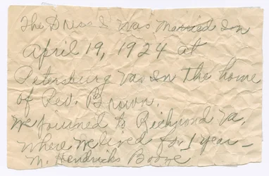 Note manuscrite de Magdalene Hendricks Boozé, milieu du 20e siècle