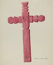 Croix en bois rouge utilisée comme pierre tombale, vers 1937