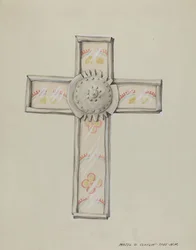 Croix en étain et papier peint, vers 1937