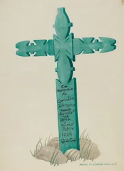 Croix en bois sculptée, utilisée comme pierre tombale, vers 1937