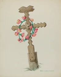 Croix en bois utilisée comme pierre tombale faite à la main, vers 1937