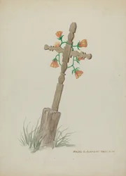 Croix en bois utilisée comme pierre tombale, vers 1937
