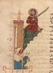 Une horloge à bougie, folio du Kitab fi ma`arifat al-hiyal al-handisaya (Le livre de la connaissance des dispositifs mécaniques ingénieux) Automates par al-Jazari (d. 1206)