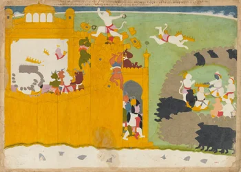 Angada, le chef des singes, vole la couronne de Ravana dans sa forteresse, vers 1725.