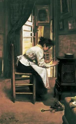 "Une femme devant le poêle", peinture de Manuel Cusi