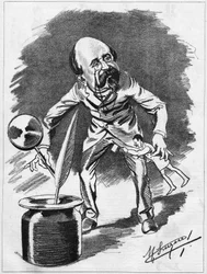 Edmond Gondinet (1828-1888), dramaturge français. Caricature par le dessinateur Manuel Luque. Dans « Le Caricature » de 1886
