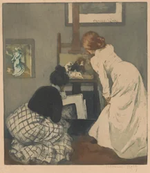 Deux femmes regardant des estampes