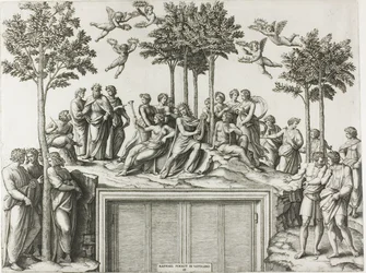 Apollon sur le Parnasse, entouré des Muses et des poètes