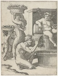 Bacchus regarde un homme et une femme avec deux enfants portant des paniers de raisins pour la préparation du vin