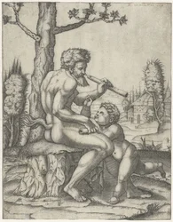 Faune avec flûte jouant avec un enfant