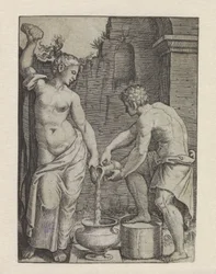 Femme à moitié nue se lavant avec des éponges et serviteur versant de l
