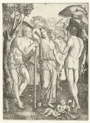 Jeune femme avec couronne de feuilles entre un vieil homme appuyé sur un bâton et un jeune homme avec un dragon et un enfant