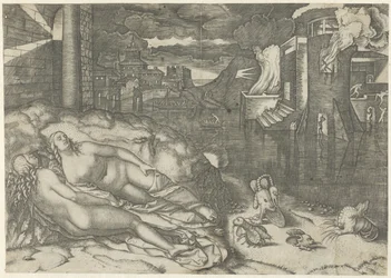 Paysage avec deux femmes nues endormies et des animaux fantastiques sur une rive près d