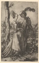 Seigneur et dame marchant avec la figure de la mort cachée derrière un arbre