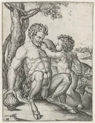 Pan avec une coupe et Bacchus enfant avec une grappe de raisin