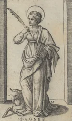 Sainte Agnès tenant une palme dans sa main droite, un mouton en bas à gauche, vers 1500-1527