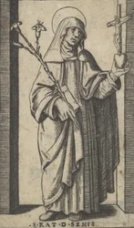 Sainte Catherine de Sienne debout tenant des fleurs et un livre dans sa main droite, vers 1500-1527