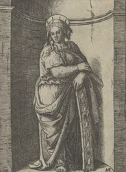 Sainte Catherine debout dans une niche, reposant sur une roue, son instrument de torture