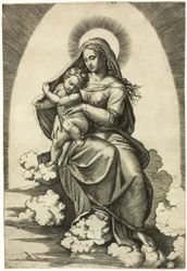 Vierge et enfant assis sur des nuages