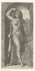 Femme personnifiant la Prudence avec serpent et masque (Les Sept Vertus)
