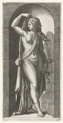 Femme comme personnification de la Prudence (Prudentia) avec serpent et masque (Série des Sept Vertus)