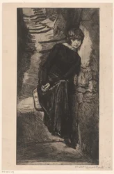 Femme vêtue de noir, appuyée contre un mur. Misère de misère (titre sur l