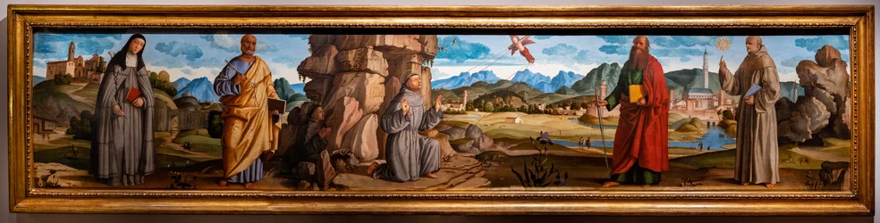 Saint François reçoit les stigmates parmi Sainte Claire et Pierre, le bienheureux Bartolomeo de Breganze, et Saint Paul et Bernardino