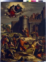 Le martyre de Saint Étienne. Premier diacre de la chrétienté, Étienne ou Stéphane (martyr en 35), est lapidé hors de la ville de Jérusalem et durant son supplice, assiste à un miracle, Dieu et Jésus Christ apparaissent