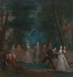 Scène dans un parc, avec des personnages de la Commedia dell