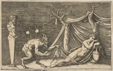 Un satyre découvrant une femme endormie, deux crabes suspendus à une corde qui est tendue..., vers 1515-27
