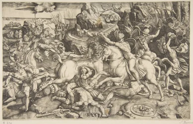 Scène de bataille dans un paysage avec des soldats à cheval et plusieurs hommes tombés, un autre..., vers 1520