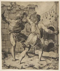 Entellus et Dares combattant devant des ruines classiques