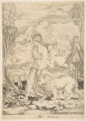 La Fortitude en vue de profil marchant vers un feu à gauche et menant un lion harnaché, vers 1515-27