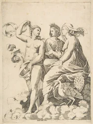 Junon, Cérès et Psyché conversant dans les nuages, Junon assise avec un paon à son ..., vers 1515-27