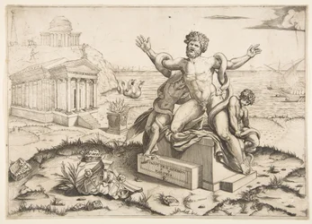Laocoon et ses deux fils attaqués par des serpents sur un piédestal, un temple à Mi..., vers 1515-27
