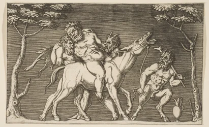 Deux satyres plaçant Silène sur une mule braillante et un troisième satyre à droite