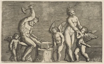 Vulcain assis martelant sur une enclume flanqué de Vénus et de trois cupidons