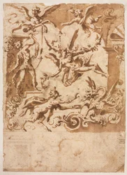 Grotesque avec un satyre nourrissant un dragon recto, Grotesque avec un centaure sautant verso, vers 1565-158