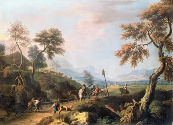 Paysage boisé avec des gentilshommes en calèche sur une route