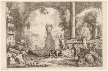 Caprice de ruines antiques avec des hommes regardant un orateur classique